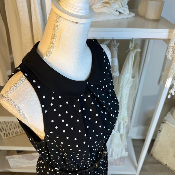 Elle sz. small, black sleeveless, polkadotted, belted fit, and flare dress #3812 - Picture 5 of 9